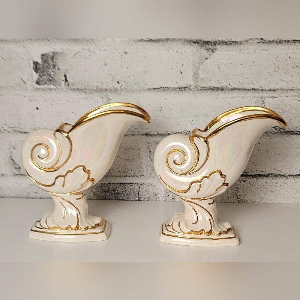 Vintage Iridescent Shell Ceramic Vase Pair Gold Trim Hollywood Regency Decor